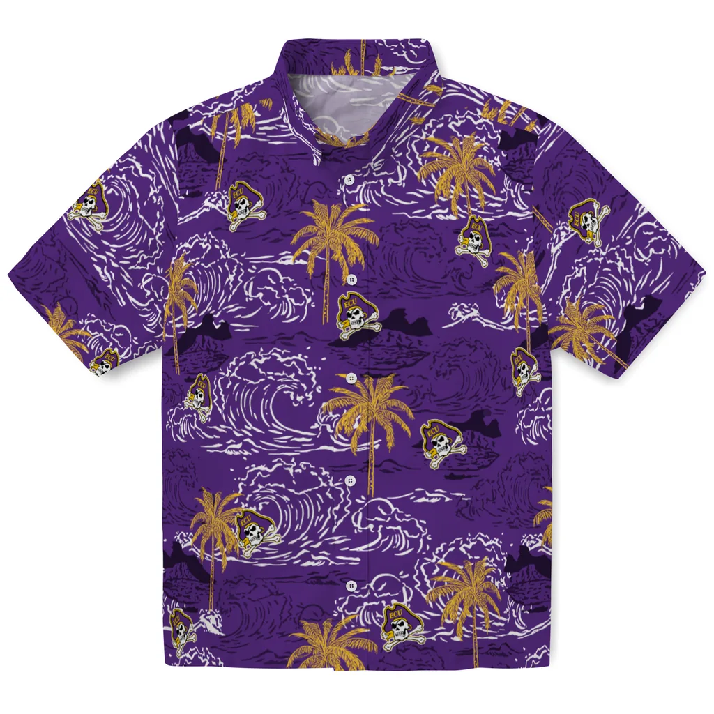 East Carolina Pirates Hawaiian Shirt - Wave Palm east carolina pirates wave palm purple hawaiian shirts best selling