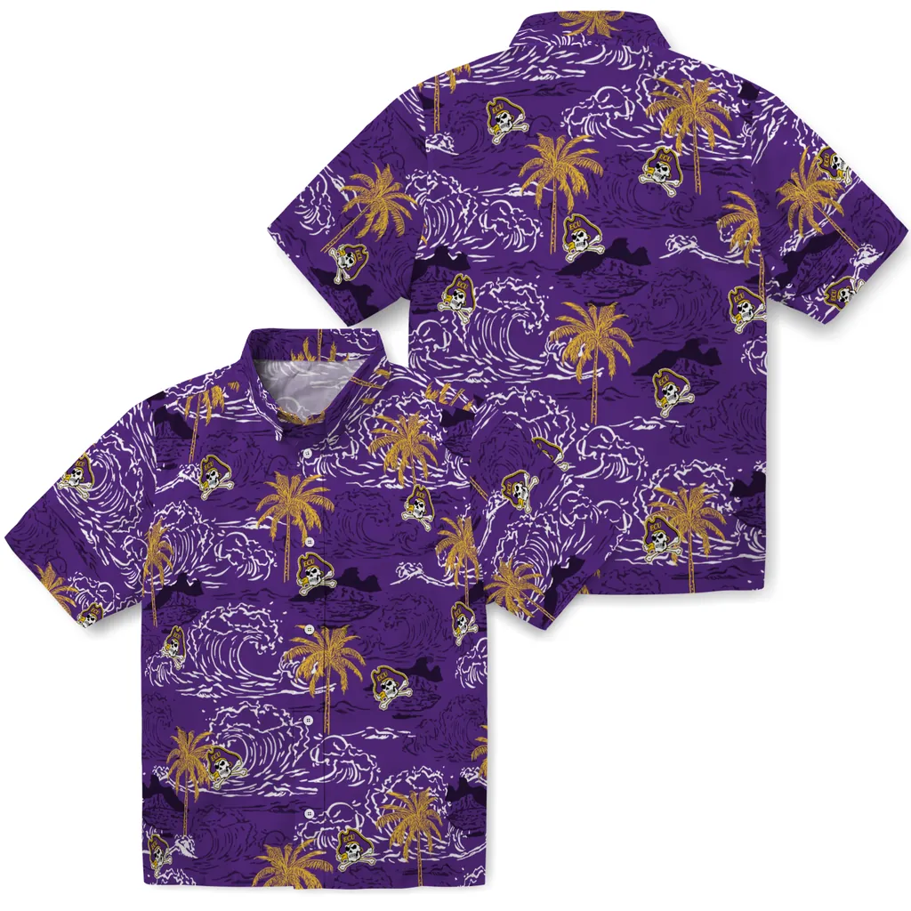 East Carolina Pirates Hawaiian Shirt - Wave Palm east carolina pirates wave palm purple hawaiian shirts high quality