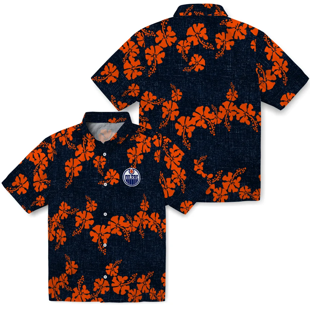 Edmonton Oilers Hawaiian Shirt - 50th State Flower edmonton oilers hibiscus petals blue hawaiian shirts high quality