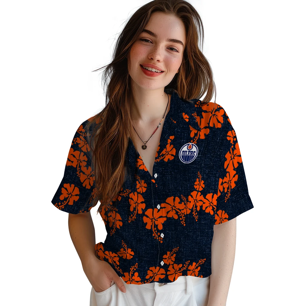 Edmonton Oilers Hawaiian Shirt - 50th State Flower edmonton oilers hibiscus petals blue hawaiian shirts latest model