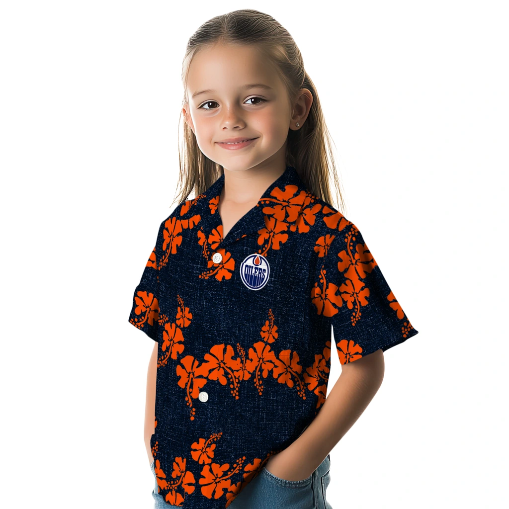Edmonton Oilers Hawaiian Shirt - 50th State Flower edmonton oilers hibiscus petals blue hawaiian shirts premium grade