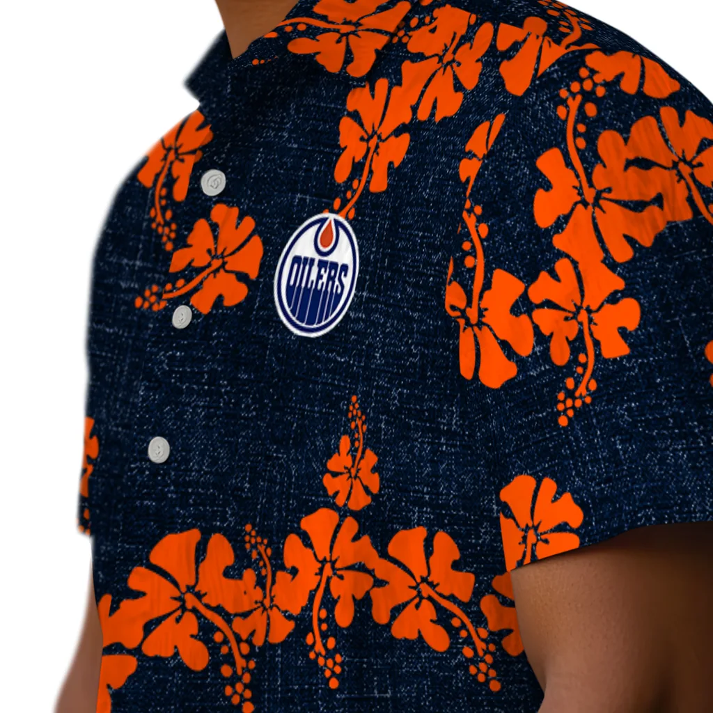 Edmonton Oilers Hawaiian Shirt - 50th State Flower edmonton oilers hibiscus petals blue hawaiian shirts trendy
