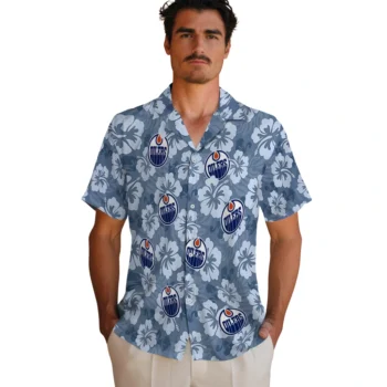 edmonton oilers hibiscus cluster blue hawaiian shirts fashion forward