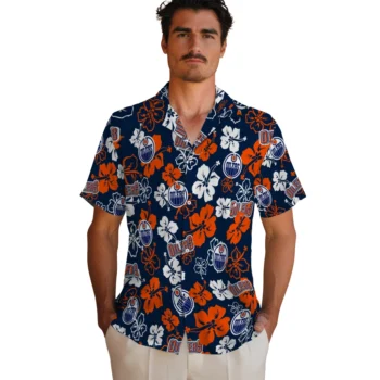 edmonton oilers hibiscus bloom blue hawaiian shirts fashion forward