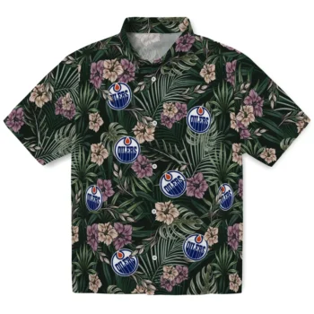 edmonton oilers hibiscus leaves pattern green hawaiian shirts best selling