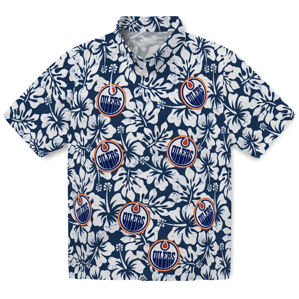 Edmonton Oilers Hawaiian Shirt - Hibiscus Motif edmonton oilers hibiscus motif blue white hawaiian shirts best selling