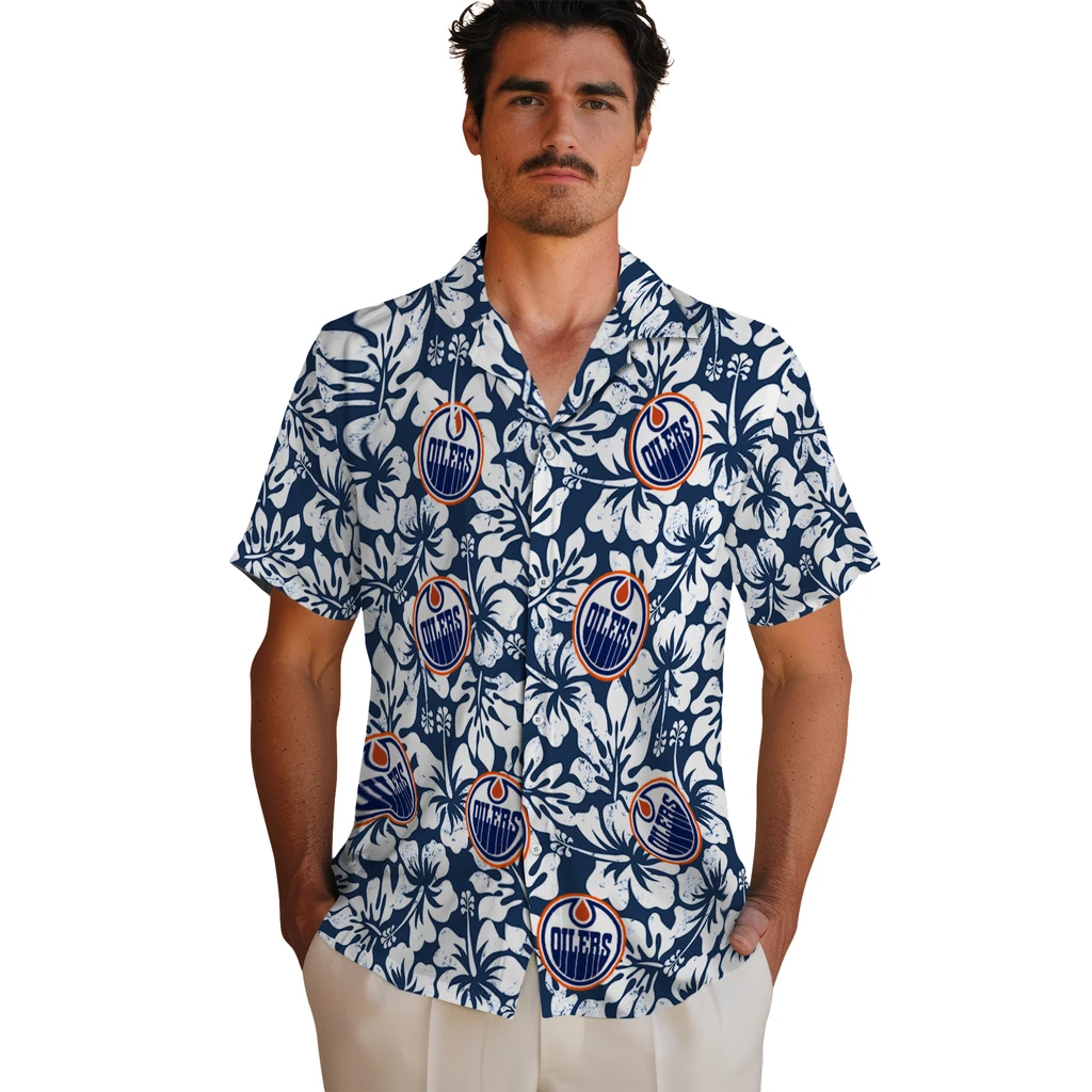 Edmonton Oilers Hawaiian Shirt - Hibiscus Motif edmonton oilers hibiscus motif blue white hawaiian shirts fashion forward