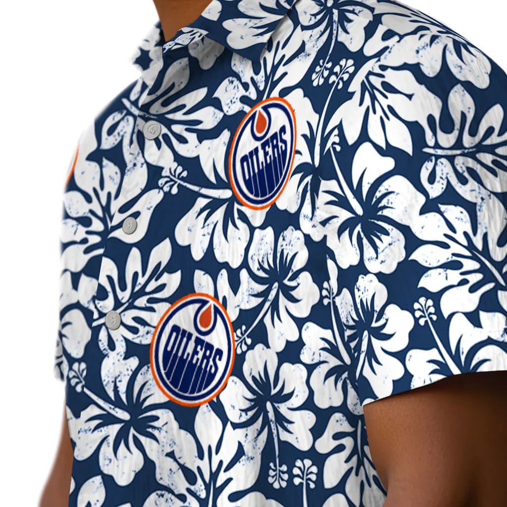 Edmonton Oilers Hawaiian Shirt - Hibiscus Motif edmonton oilers hibiscus motif blue white hawaiian shirts trendy