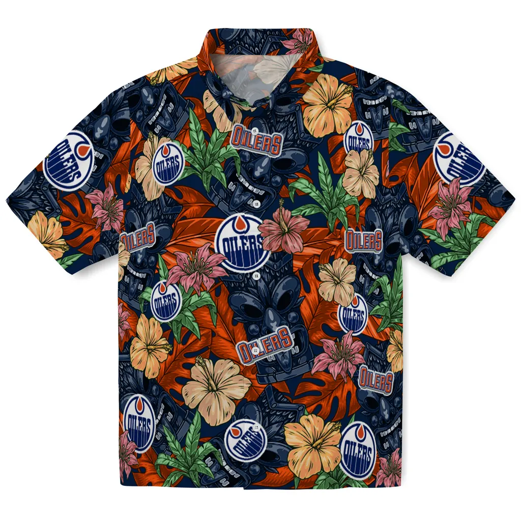 Edmonton Oilers Hawaiian Shirt - Hibiscus Tiki Jungle edmonton oilers tiki jungle blue hawaiian shirts best selling