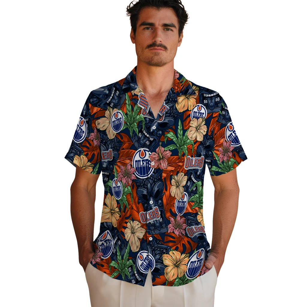 Edmonton Oilers Hawaiian Shirt - Hibiscus Tiki Jungle edmonton oilers tiki jungle blue hawaiian shirts fashion forward