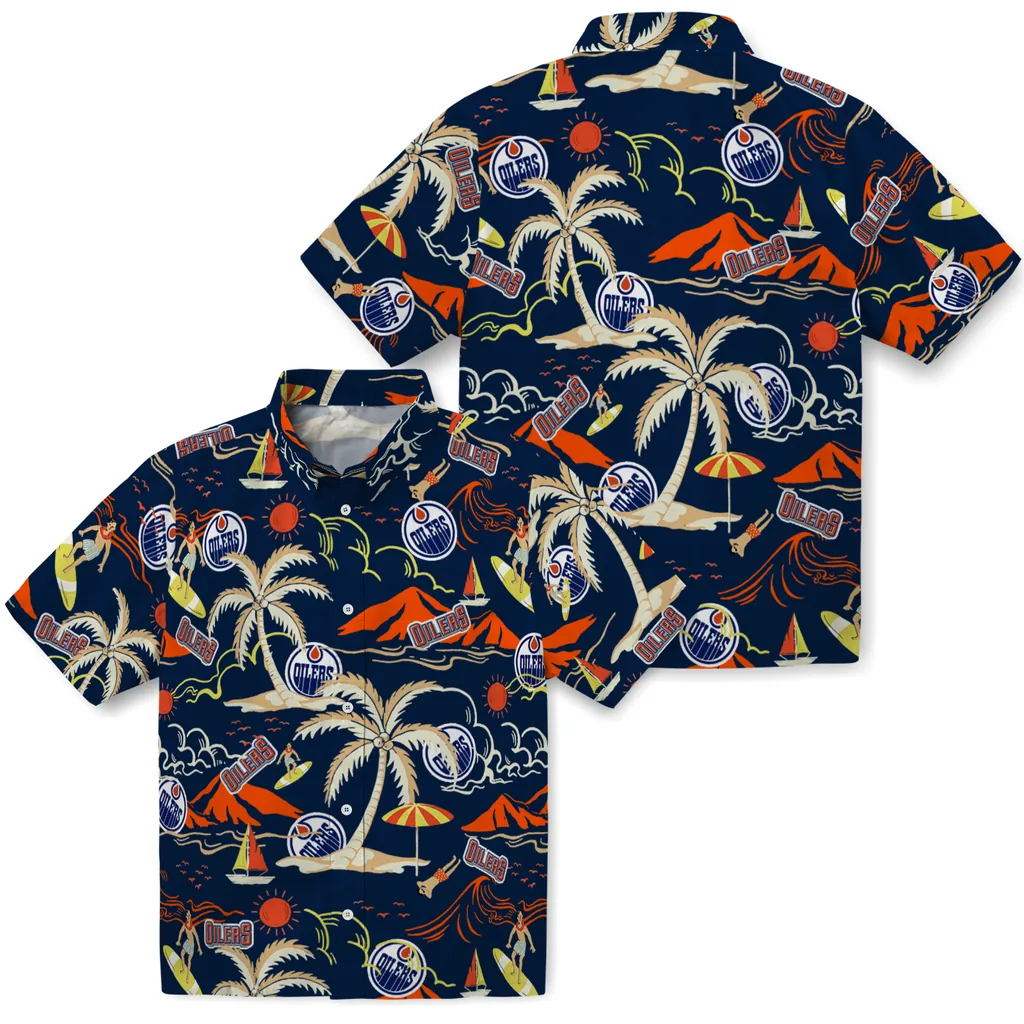Edmonton Oilers Hawaiian Shirt - Palm Tree Island edmonton oilers palm tree island blue hawaiian shirts high quality
