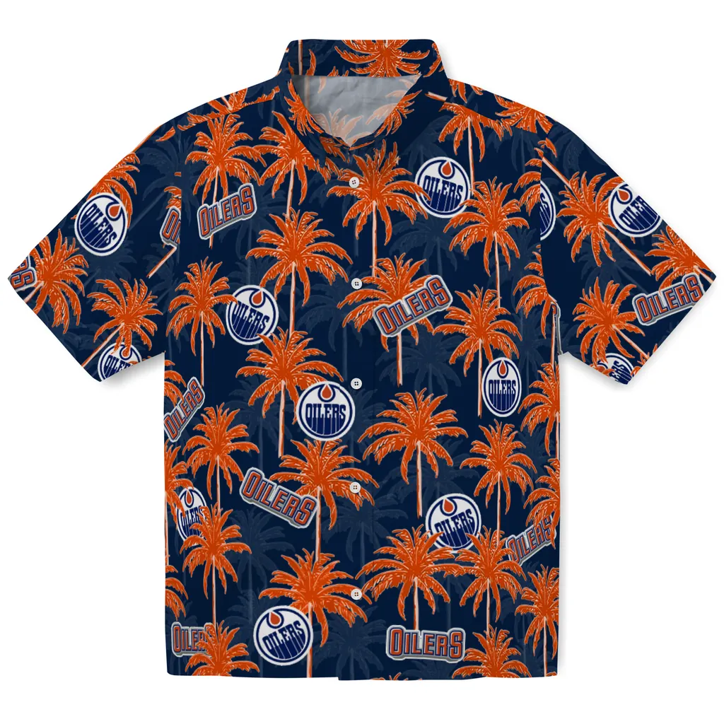 Edmonton Oilers Hawaiian Shirt - Palm Tree Motif edmonton oilers palm grove blue hawaiian shirts best selling