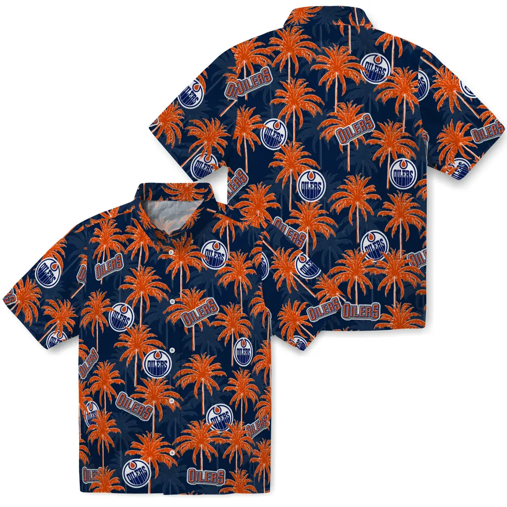 Edmonton Oilers Hawaiian Shirt - Palm Tree Motif edmonton oilers palm grove blue hawaiian shirts high quality
