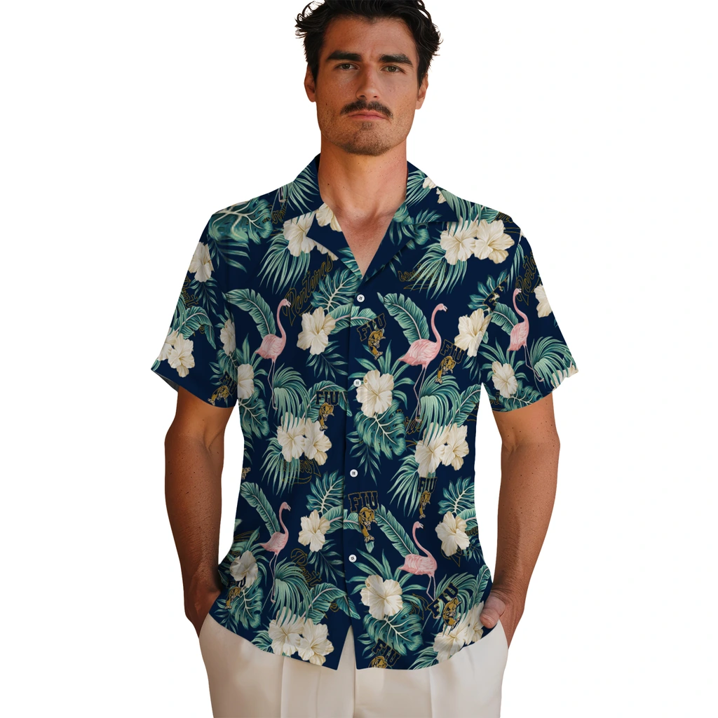FIU Panthers Hawaiian Shirt - Flamingo and Hibiscus fiu panthers flamingo palms blue hawaiian shirts fashion forward