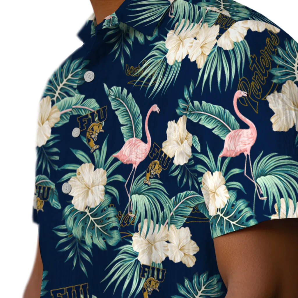 FIU Panthers Hawaiian Shirt - Flamingo and Hibiscus fiu panthers flamingo palms blue hawaiian shirts trendy