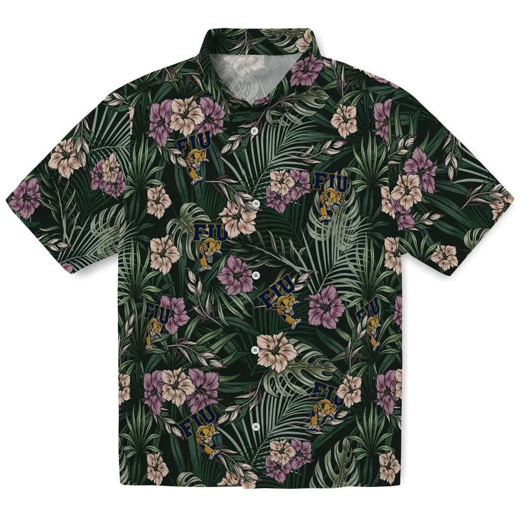 FIU Panthers Hawaiian Shirt - Hibiscus Leaves Pattern fiu panthers hibiscus leaves pattern green hawaiian shirts best selling