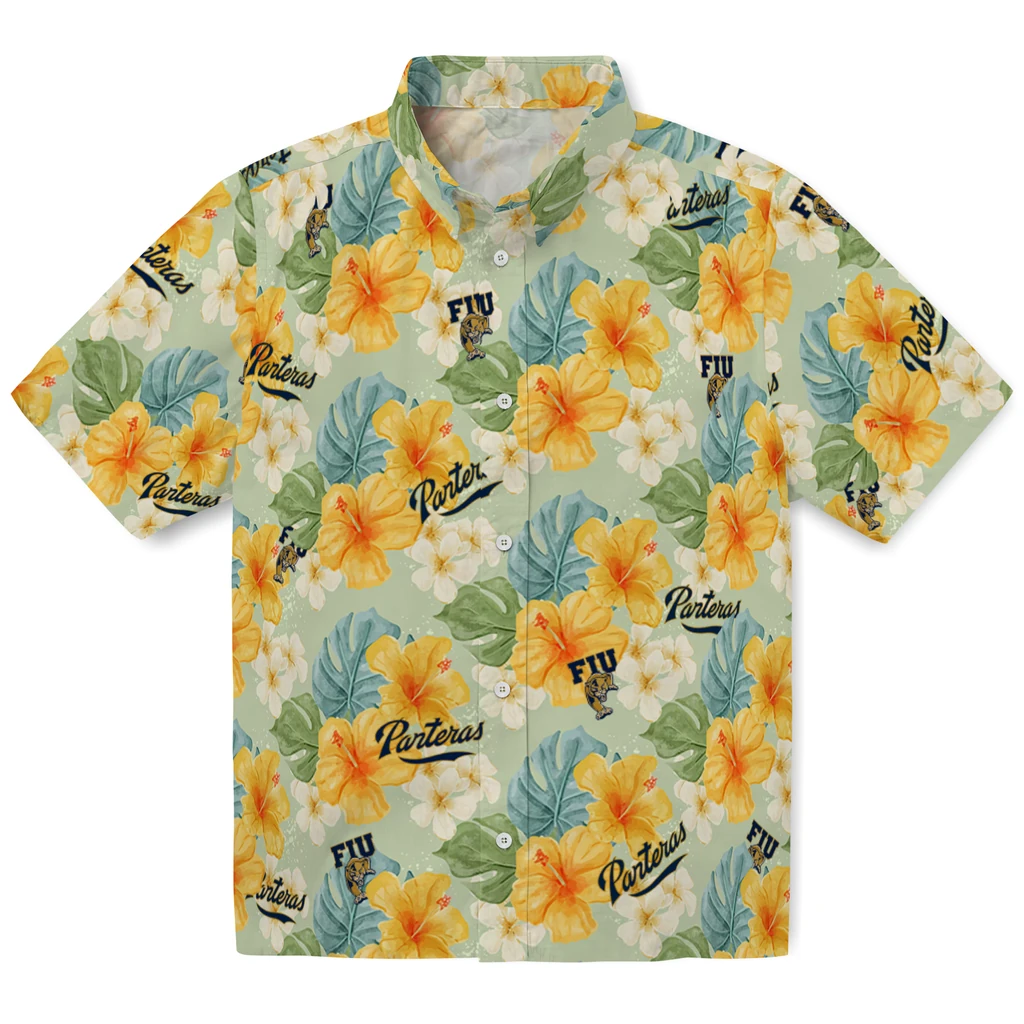 FIU Panthers Hawaiian Shirt - Hibiscus Mood fiu panthers hibiscus mood pale lime yellow hawaiian shirts best selling