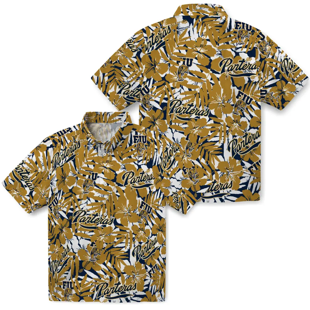 FIU Panthers Hawaiian Shirt - Hibiscus Overlay fiu panthers hibiscus overlay hawaiian shirts high quality