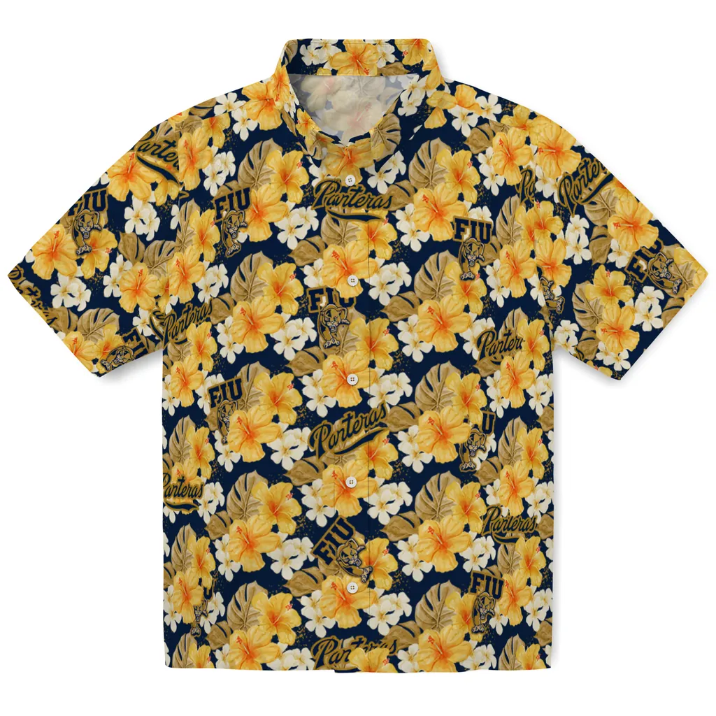 FIU Panthers Hawaiian Shirt - Hibiscus Tropics fiu panthers hibiscus tropics blue yellow hawaiian shirts best selling