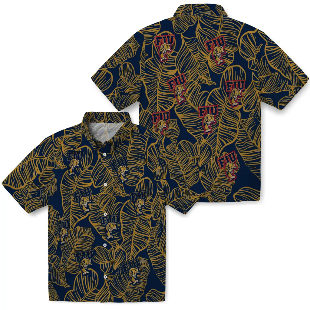 FIU Panthers Hawaiian Shirt - Leaf Outline fiu panthers leaf outline blue hawaiian shirts high quality