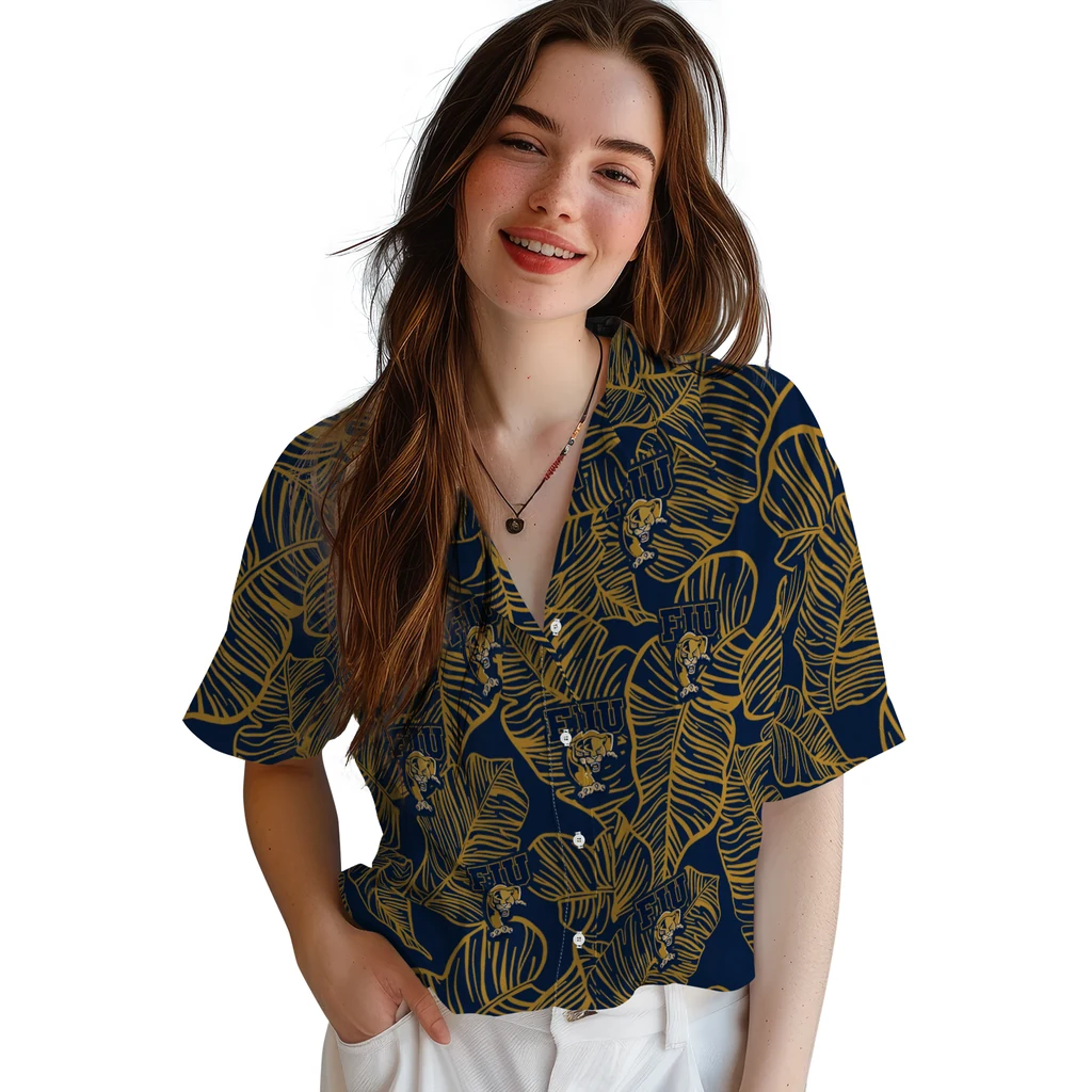 FIU Panthers Hawaiian Shirt - Leaf Outline fiu panthers leaf outline blue hawaiian shirts latest model