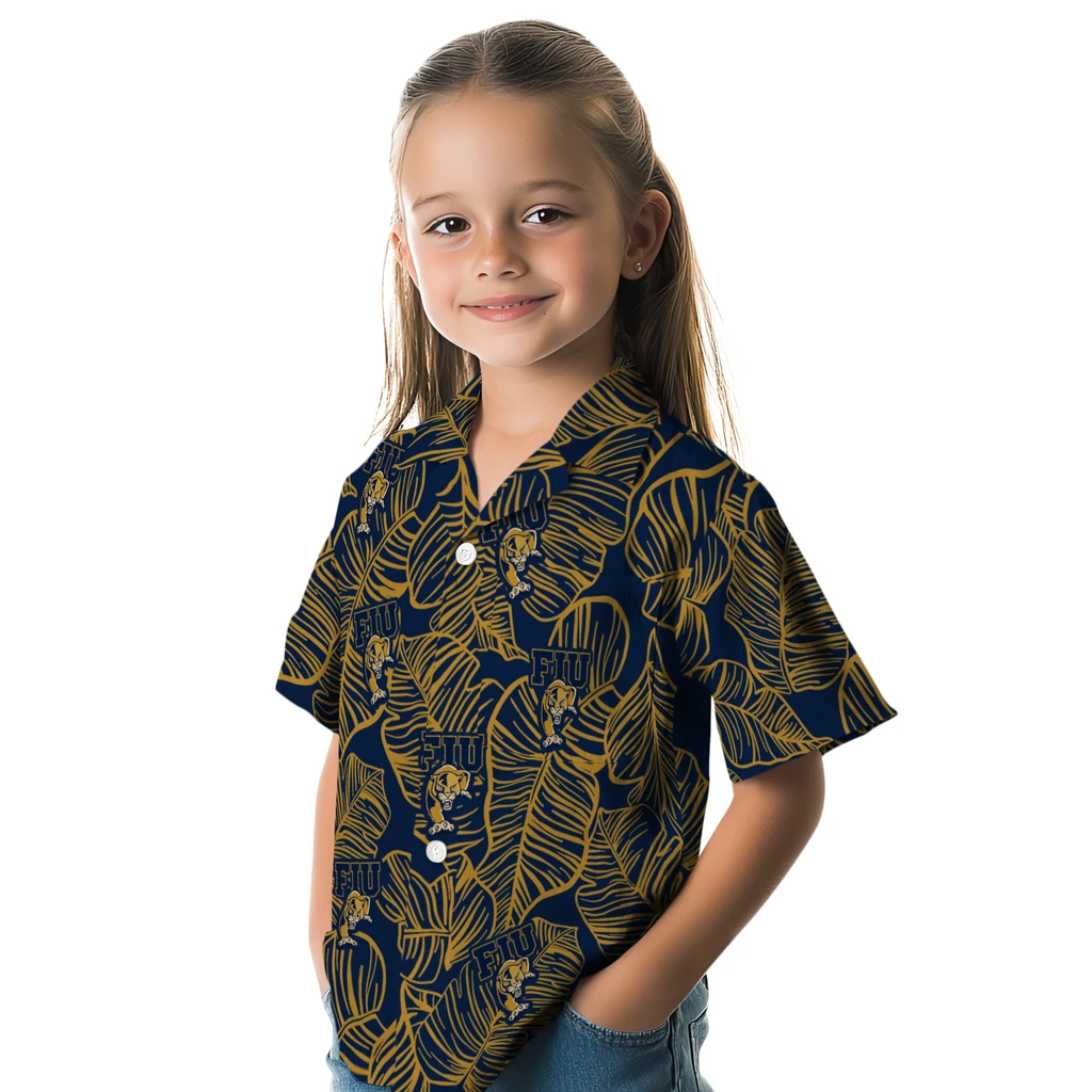 FIU Panthers Hawaiian Shirt - Leaf Outline fiu panthers leaf outline blue hawaiian shirts premium grade
