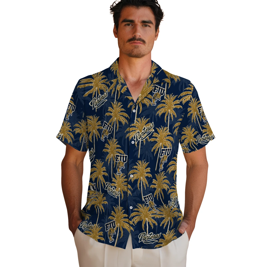 FIU Panthers Hawaiian Shirt - Palm Tree Motif fiu panthers palm grove blue hawaiian shirts fashion forward