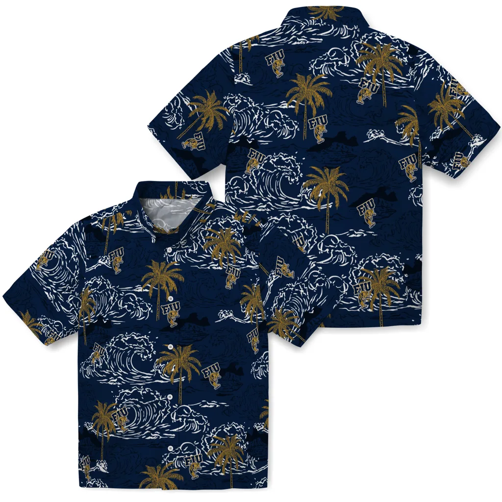 FIU Panthers Hawaiian Shirt - Wave Palm fiu panthers wave palm blue hawaiian shirts high quality