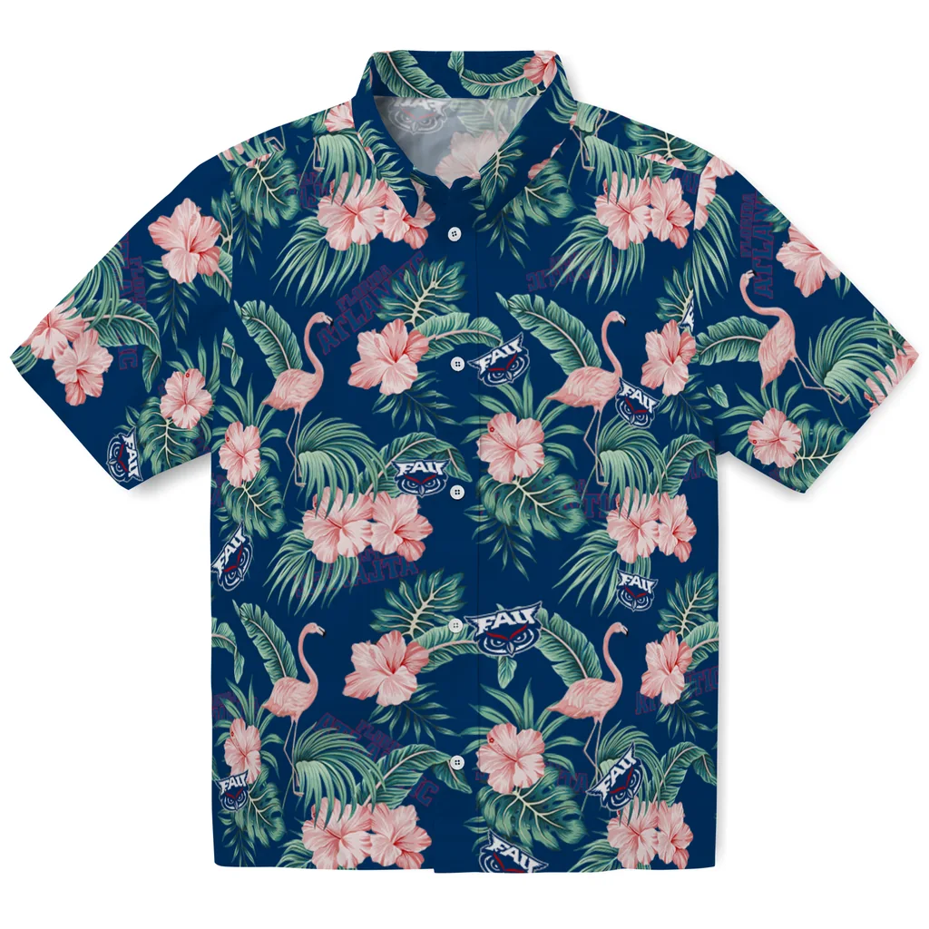 Florida Atlantic Owls Hawaiian Shirt - Flamingo and Hibiscus florida atlantic owls flamingo palms blue hawaiian shirts best selling