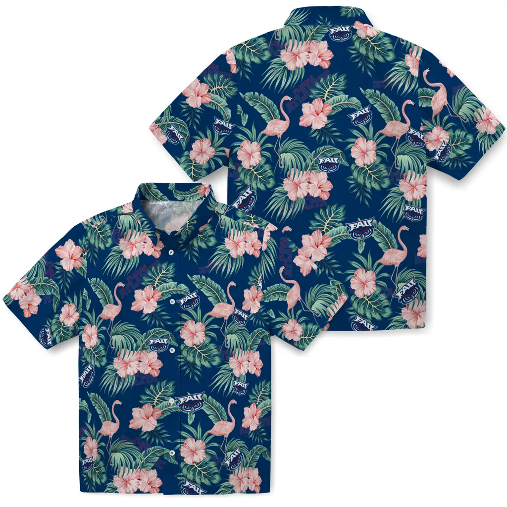 Florida Atlantic Owls Hawaiian Shirt - Flamingo and Hibiscus florida atlantic owls flamingo palms blue hawaiian shirts high quality