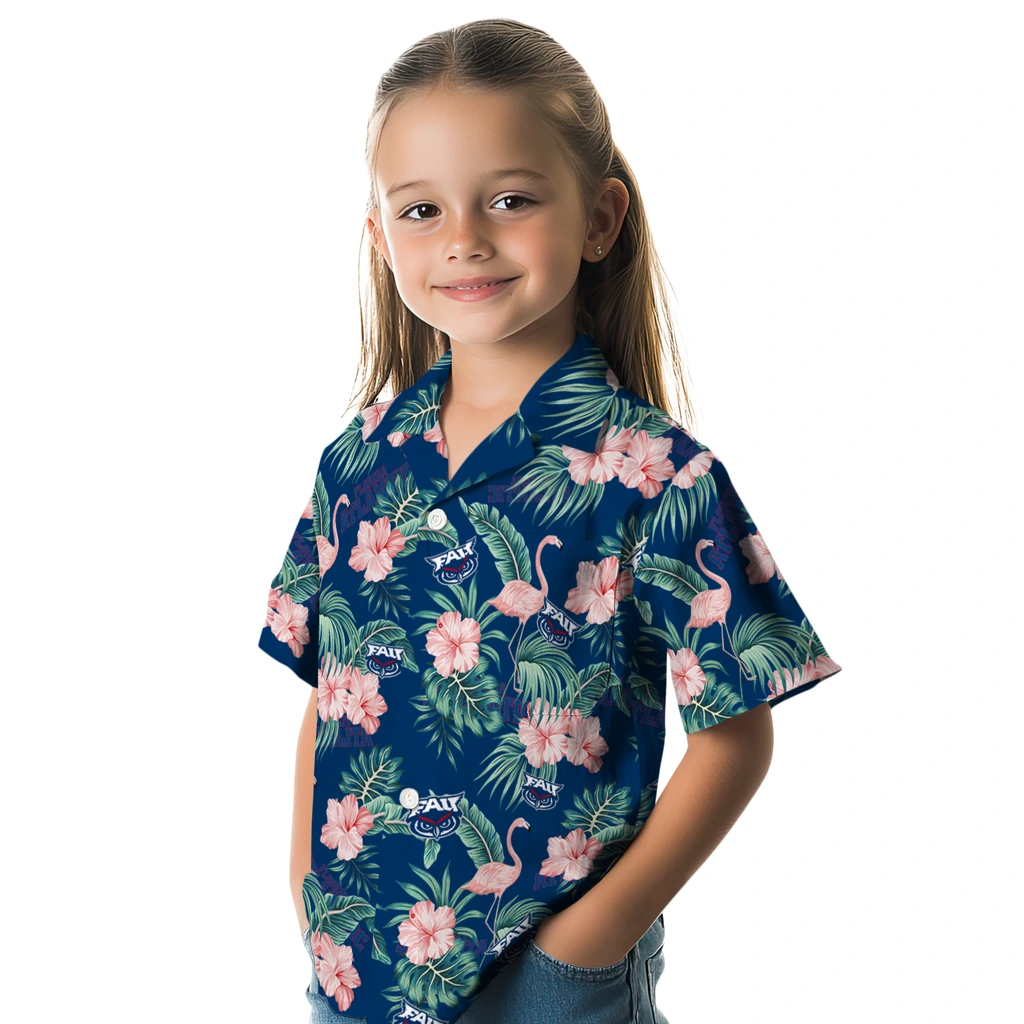 Florida Atlantic Owls Hawaiian Shirt - Flamingo and Hibiscus florida atlantic owls flamingo palms blue hawaiian shirts premium grade
