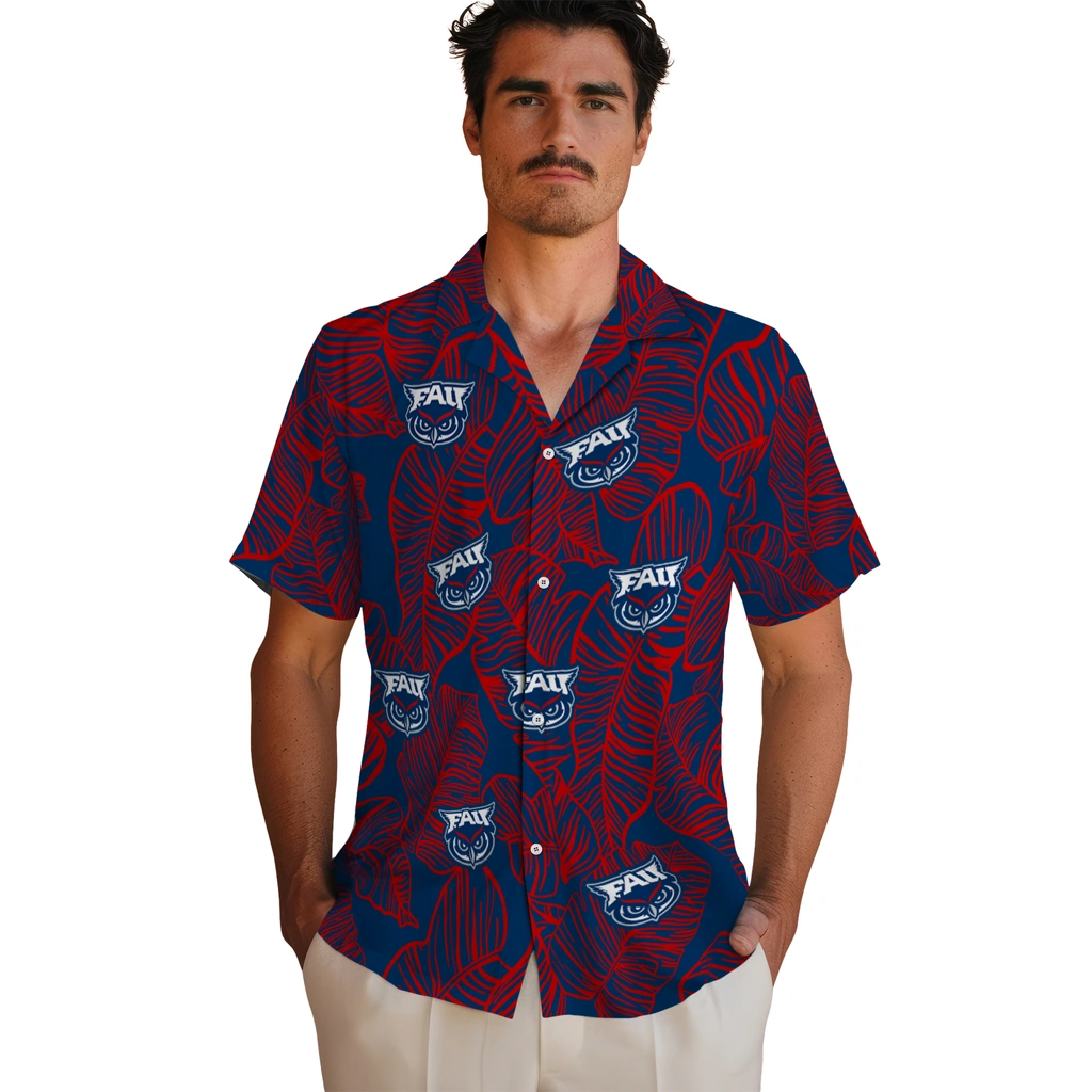 Florida Atlantic Owls Hawaiian Shirt - Leaf Outline florida atlantic owls leaf outline blue hawaiian shirts fashion forward
