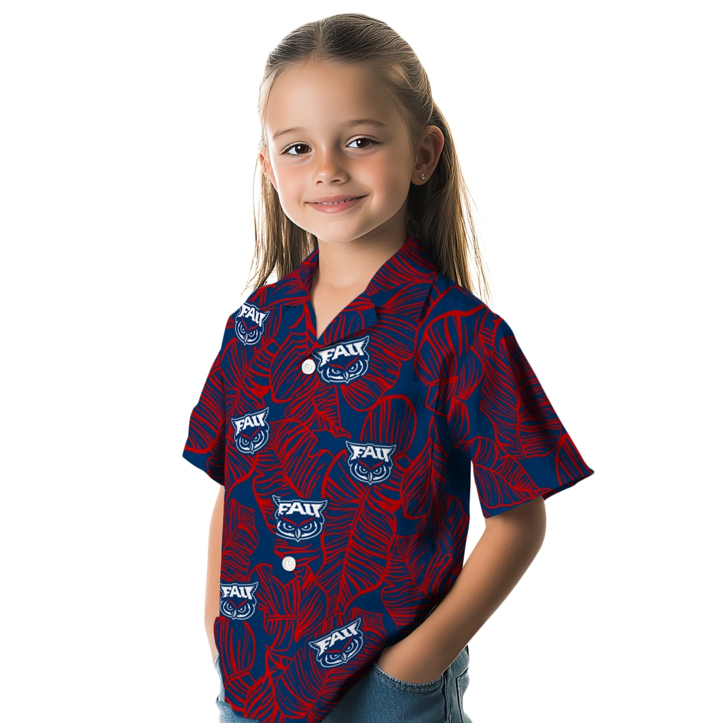 Florida Atlantic Owls Hawaiian Shirt - Leaf Outline florida atlantic owls leaf outline blue hawaiian shirts premium grade