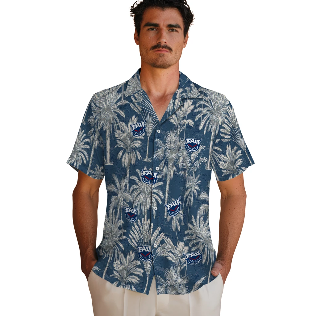Florida Atlantic Owls Hawaiian Shirt - Vintage Palm Tree florida atlantic owls palm shadows blue hawaiian shirts fashion forward