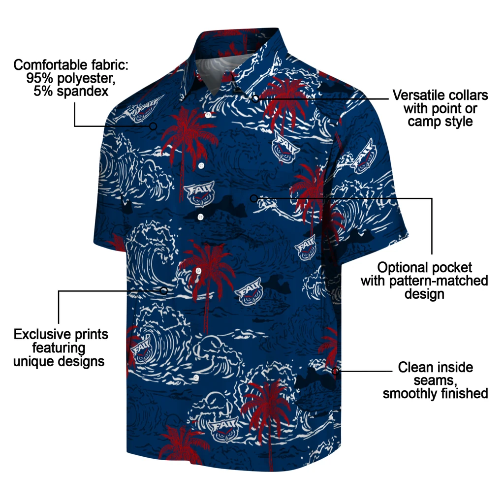 Florida Atlantic Owls Hawaiian Shirt - Wave Palm florida atlantic owls wave palm blue hawaiian shirts new arrival