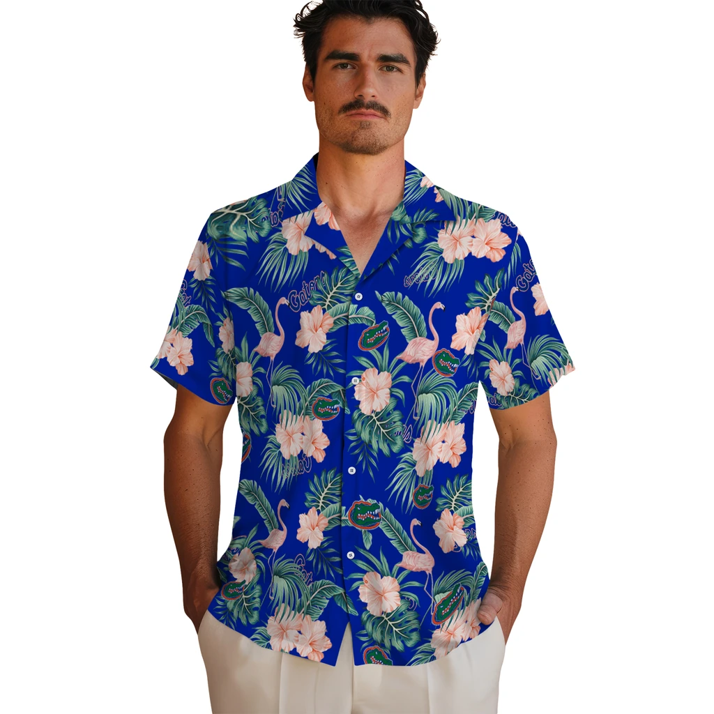 Florida Gators Hawaiian Shirt - Flamingo and Hibiscus florida gators flamingo palms blue hawaiian shirts fashion forward