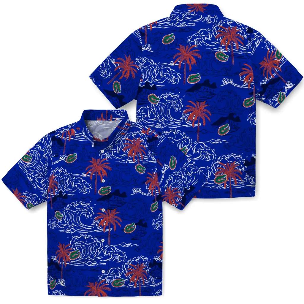 Florida Gators Hawaiian Shirt - Wave Palm florida gators wave palm blue hawaiian shirts high quality