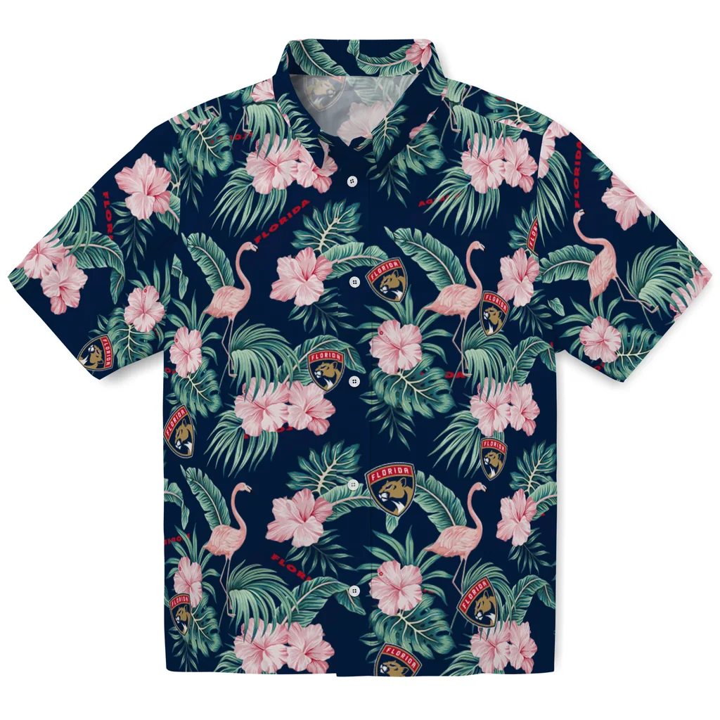 Florida Panthers Hawaiian Shirt - Flamingo and Hibiscus florida panthers flamingo palms red hawaiian shirts best selling