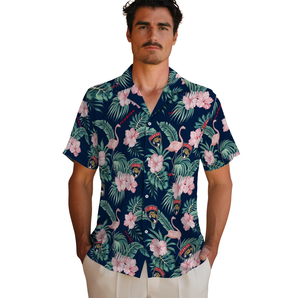 Florida Panthers Hawaiian Shirt - Flamingo and Hibiscus florida panthers flamingo palms red hawaiian shirts fashion forward