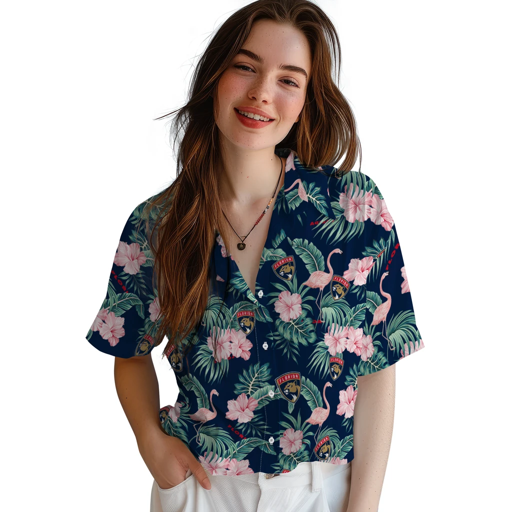 Florida Panthers Hawaiian Shirt - Flamingo and Hibiscus florida panthers flamingo palms red hawaiian shirts latest model