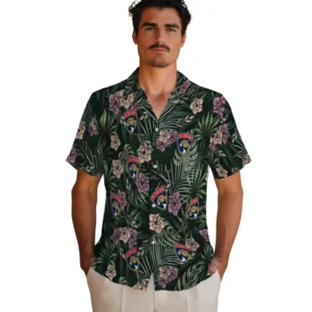 florida panthers hibiscus leaves pattern green hawaiian shirts fashion forward