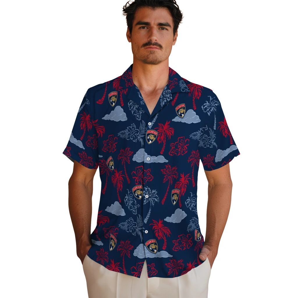 Florida Panthers Hawaiian Shirt - Palm And Clouds florida panthers palm and clouds red hawaiian shirts fashion forward