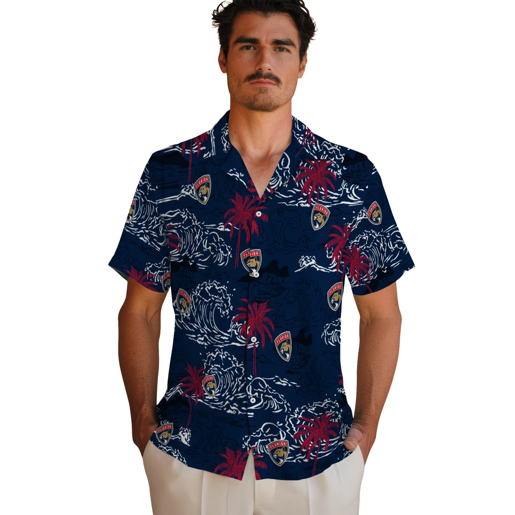 Florida Panthers Hawaiian Shirt - Wave Palm florida panthers wave palm red hawaiian shirts fashion forward