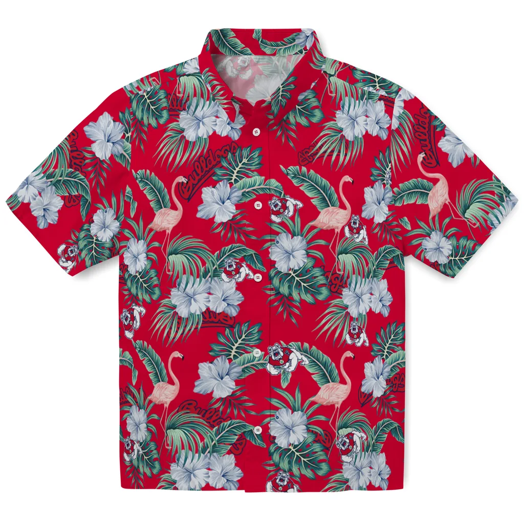 Fresno State Bulldogs Hawaiian Shirt - Flamingo and Hibiscus fresno state bulldogs flamingo palms red hawaiian shirts best selling