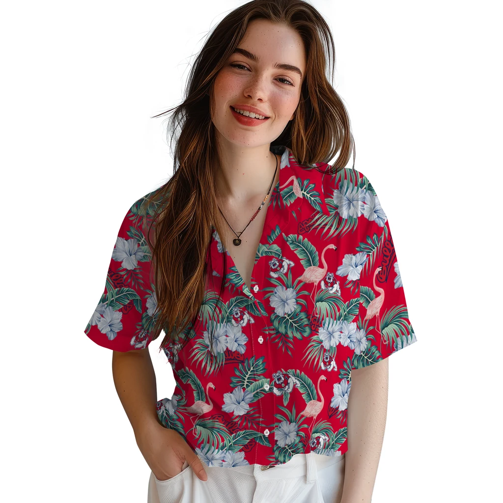 Fresno State Bulldogs Hawaiian Shirt - Flamingo and Hibiscus fresno state bulldogs flamingo palms red hawaiian shirts latest model