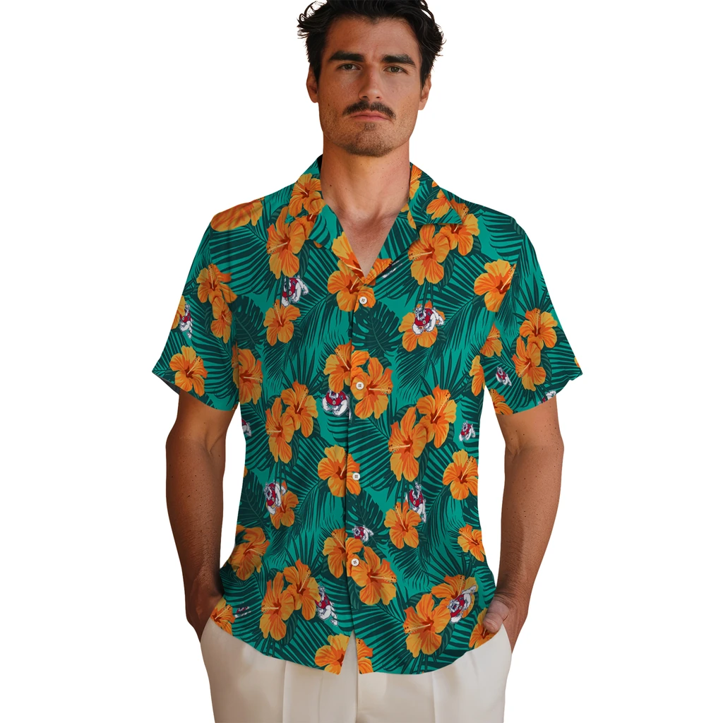 Fresno State Bulldogs Hawaiian Shirt - Hibiscus and Palm Leaves fresno state bulldogs hibiscus escape green hawaiian shirts fashion forward