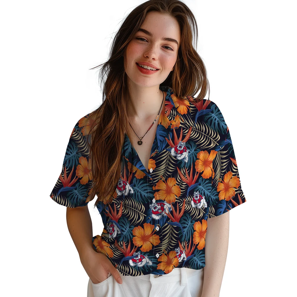 Fresno State Bulldogs Hawaiian Shirt - Hibiscus Foliage fresno state bulldogs hibiscus foliage hawaiian shirts latest model