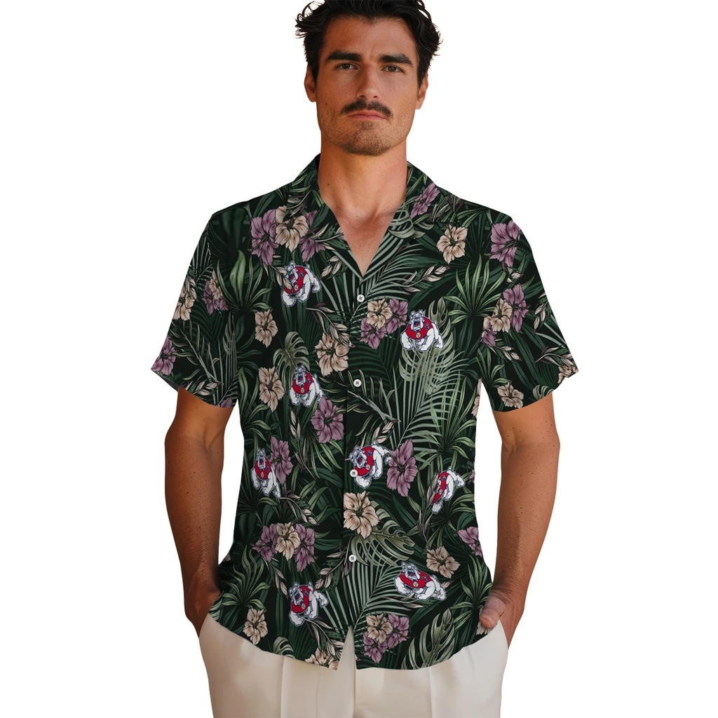 Fresno State Bulldogs Hawaiian Shirt - Hibiscus Leaves Pattern fresno state bulldogs hibiscus leaves pattern green hawaiian shirts fashion forward