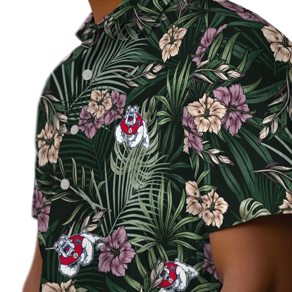 Fresno State Bulldogs Hawaiian Shirt - Hibiscus Leaves Pattern fresno state bulldogs hibiscus leaves pattern green hawaiian shirts trendy