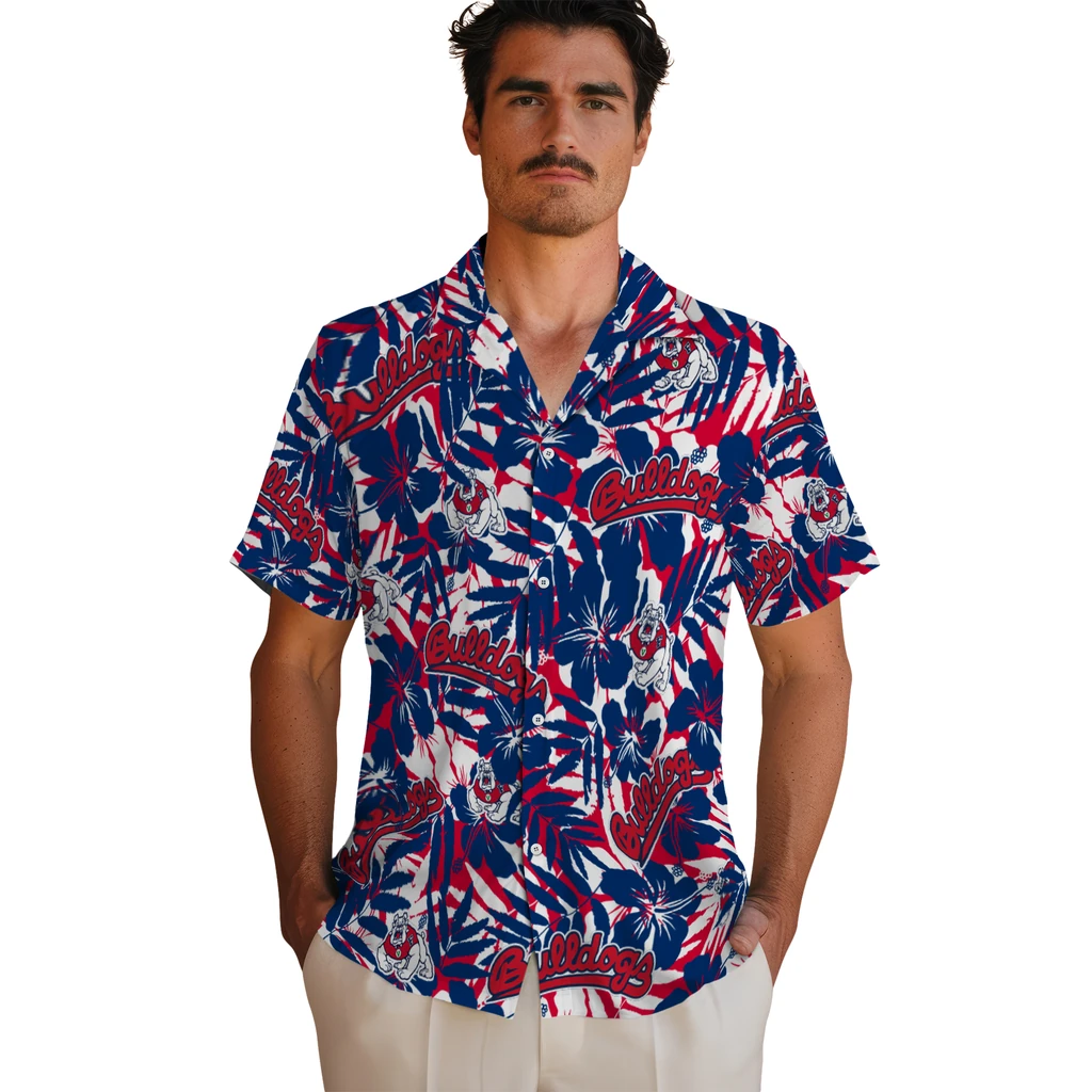 Fresno State Bulldogs Hawaiian Shirt - Hibiscus Overlay fresno state bulldogs hibiscus overlay hawaiian shirts fashion forward